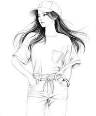 Summer casual fashion line, sketch illustration of a pretty young girl with long dark hair