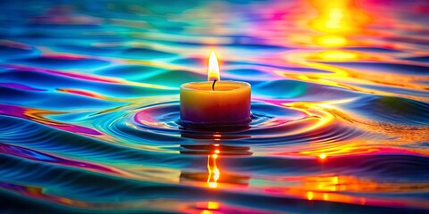 A mesmerizing stock photo featuring a floating glowing candle surrounded by vibrant waves of colors, creating a serene and calming atmosphere