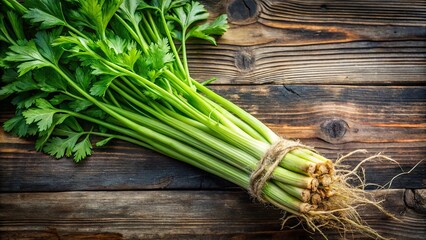 Wall Mural - Fresh celery with vibrant green leaves, roots, and visible texture