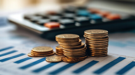 Close-up of coins and financial charts with graphs, a calculator in the background