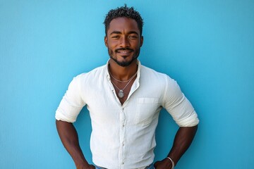 Poster - Smiling Man in White Shirt Against Blue Wall