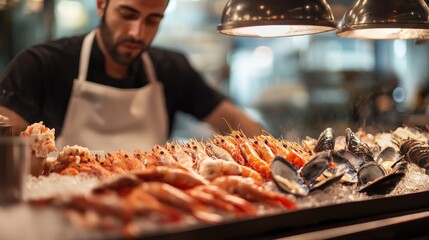 Freshly Cooked Prawns and Mussels on Ice