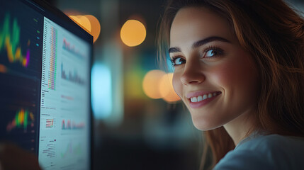 A close-up shot of an attractive female business professional smiling while looking at financial charts on her computer screen