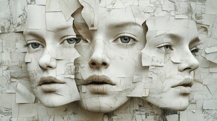 Surrealist collage animation showcasing disassembled faces, with each facial feature independently suspended in a grid animation, floating and moving on a textured paper background