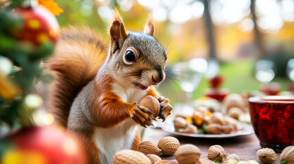 Cute squirrel enjoying a snack of nuts in a cozy autumn setting. perfect for a thanksgiving or fall-themed design.