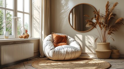 Wall Mural - Cozy living room corner with a comfortable armchair, a round mirror, a wicker basket, and a large pampas grass plant.