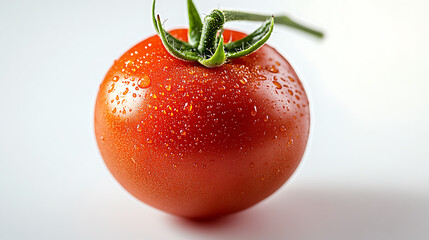 A tomato is sitting on a white background