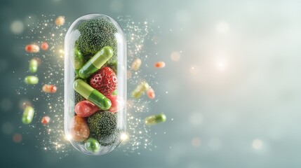 Wall Mural - Natural Vitamin Supplements Concept with Fruits and Vegetables in Capsule, Health and Wellness Background with Copy Space