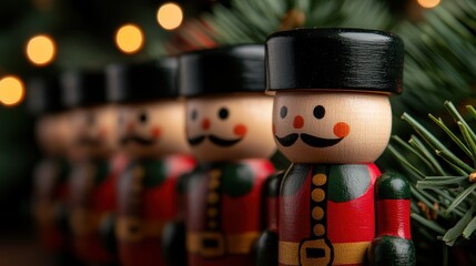 hand-painted wooden toy soldiers under christmas tree with festive lights