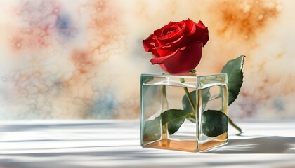 Wall Mural - Romantic red rose in glass cube against an abstract watercolor backdrop, symbolizing love, beauty, and floral art with ample copy space.