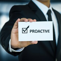 A close-up shot of a businessman's hand holding a card or sign with the text PROACTIVE and a checkbox symbol, against a blurred corporate background, accentuating the concept of being proactive in bus