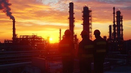 Three men in safety gear stand on a platform overlooking a large industrial plant. The sky is orange and the sun is setting, casting a warm glow over the scene