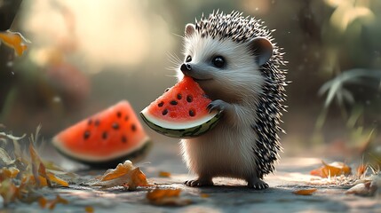 Wall Mural - A cute hedgehog enjoying a slice of watermelon in a forest setting.