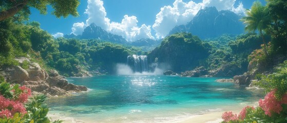 Wall Mural - Serene Tropical Lagoon with Waterfall and Mountainous Backdrop