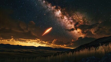 Wall Mural - A bright meteor streaks across the sky above a field of tall grass. The scene is serene and peaceful, with the bright light of the meteor contrasting against the dark sky. The grass is tall and dry