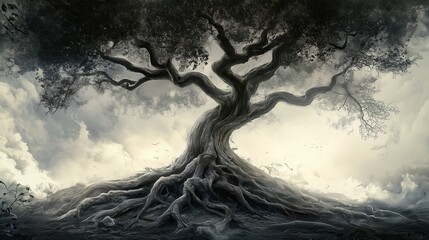 Wall Mural - a large tree with roots that are spread out and reaching deep into the ground. the image has a mood 