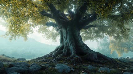 Wall Mural - a large tree with a trunk that is green and brown. the tree is surrounded by rocks and grass