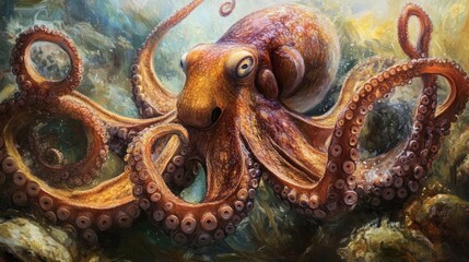 Sticker - A Detailed Oil Painting of an Octopus with Multiple Tentacles