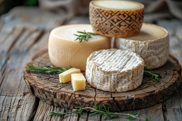 Assorted artisan cheese varieties on rustic wooden board with fresh rosemary garnish