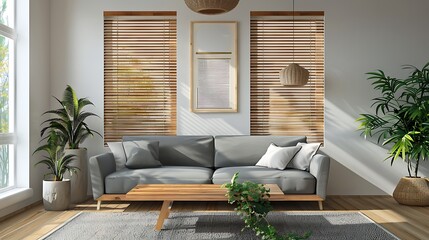 Wooden table in front of grey settee in natural living room interior with blinds and gallery