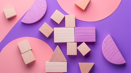 Wall Mural - Wooden toy building blocks for kids isolated on purple and pink background