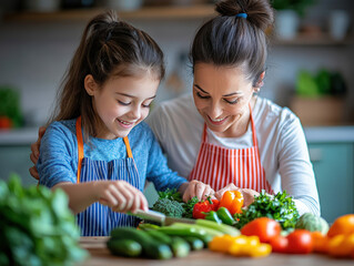 A joyful moment of a mother and daughter cooking together, preparing fresh vegetables in a bright kitchen setting.