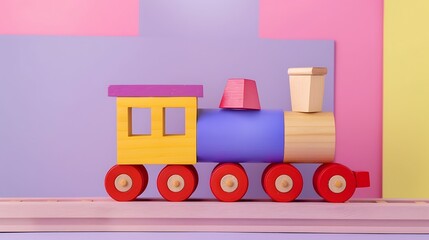 Wall Mural - Wooden toy train with colorful blocks isolated on purple and pink background