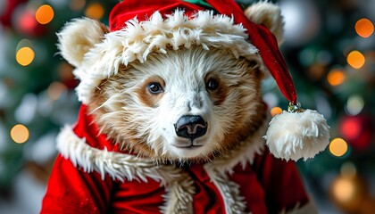 Wall Mural - Adorable bear cub in Santa hat celebrating Christmas, perfect for festive designs and holiday-themed graphics