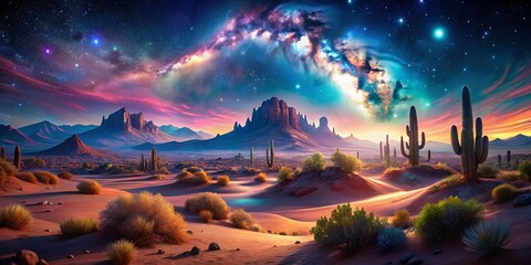 enchanting neon desert landscape under starry sky, a dreamy and magical scene perfect for fantasy an