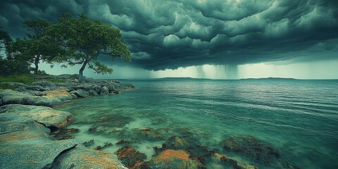 Wall Mural - Dramatic Storm Clouds Over Tranquil Beach with Turquoise Waters and Rocky Shoreline, Capturing the Beauty and Power of Nature