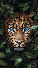 Wall Mural - Leopard with piercing blue eyes surrounded by lush green leaves