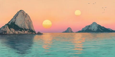 Idyllic coastal landscape with twin suns setting behind rocky islands, calm turquoise water, and a pastel-colored sky