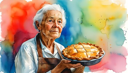 Heartfelt baking moments captured in vibrant watercolor with an elderly woman proudly presenting her homemade pie