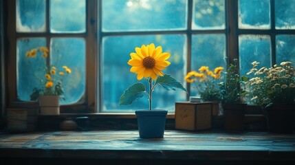 Canvas Print - Single Sunflower in Pot by Window