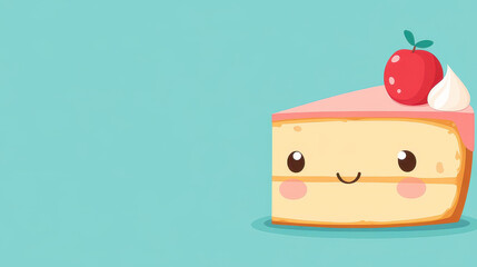 Poster - Enjoy this charming cartoon of a happy sliced cake Its cute mascot design pops against a clean, bright backdrop.