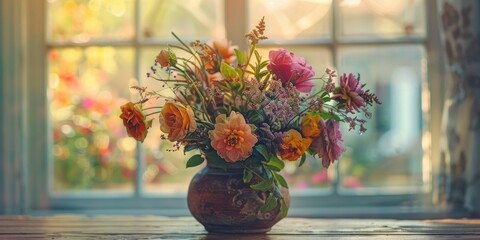 Sticker - A colorful floral arrangement displayed in a charming rustic vase showcases a beautiful blend of textures and hues