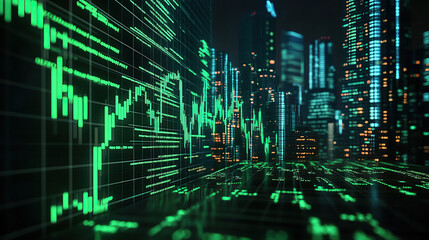 Green stock market chart and trading data in the dark, cyberpunk style