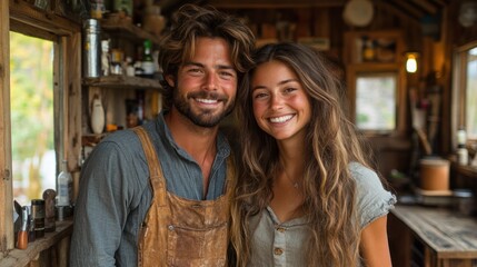 Couple Smiling In Rustic Cabin