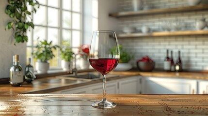 Wall Mural - A glass of red wine sits on a wooden counter in a modern kitchen, sunlight streaming through the window.