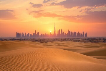 Wall Mural - Dubai Skyline at Sunset with Desert Dunes â€“ Captivating Blend of Modern Architecture and Desert Adventure, ai