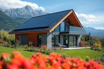 Canvas Print - Modern Mountain Home with Solar Panels