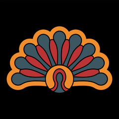 Wall Mural - Stylized flower or seashell. Palmette motif to peacock tail. Folk style. Geometrical abstract decorative element. On black background.