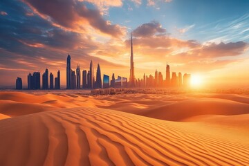 Wall Mural - Dubai Skyline at Sunset with Desert Dunes â€“ Captivating Blend of Modern Architecture and Desert Adventure, ai