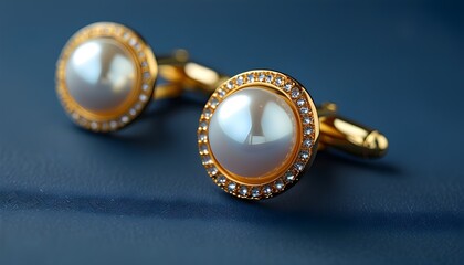 Elegant gold cufflinks with a pearl-like finish against a dark blue backdrop