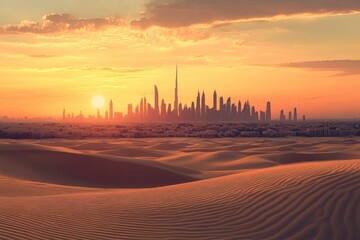 Wall Mural - Dubai Skyline at Sunset with Desert Dunes â€“ Captivating Blend of Modern Architecture and Desert Adventure, ai