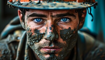 Intense blue-eyed man in hard hat, embodying determination and hard work, covered in mud in striking close-up portrait