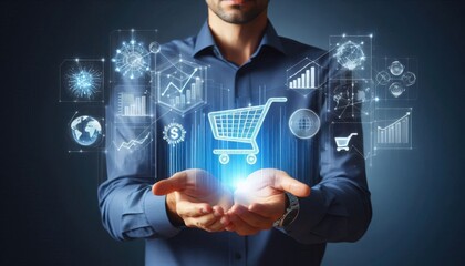 A business professional in a blue shirt presenting holographic charts and shopping cart icons illustrating e-commerce growth, digital marketing and online retail sales, technology and innovation conce