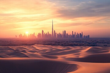 Wall Mural - Dubai Skyline at Sunset with Desert Dunes â€“ Captivating Blend of Modern Architecture and Desert Adventure, ai