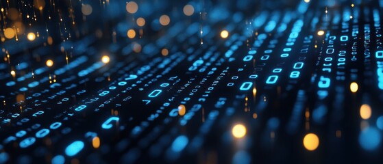 Blue Glowing Binary Code with Defocused Golden Lights