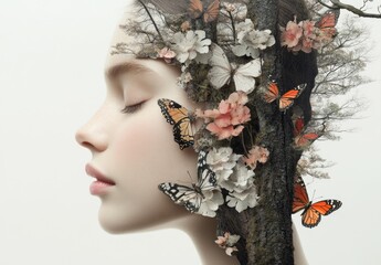 Nature’s harmony: Double exposure of a girl intertwined with butterflies and green forests, showcasing a serene aesthetic blend of human and natural beauty